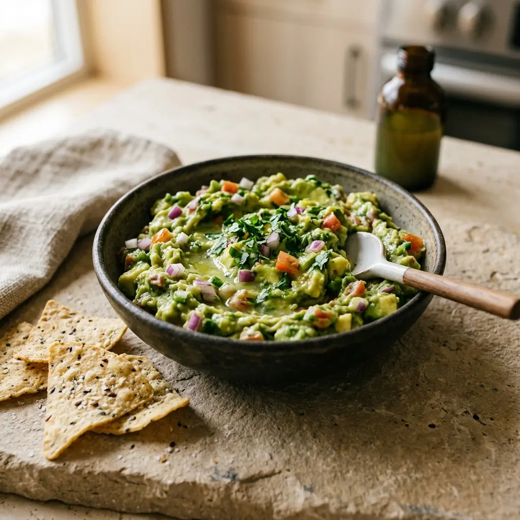 Nylaget guacamole servert på en appetittlig og hjemmelaget måte