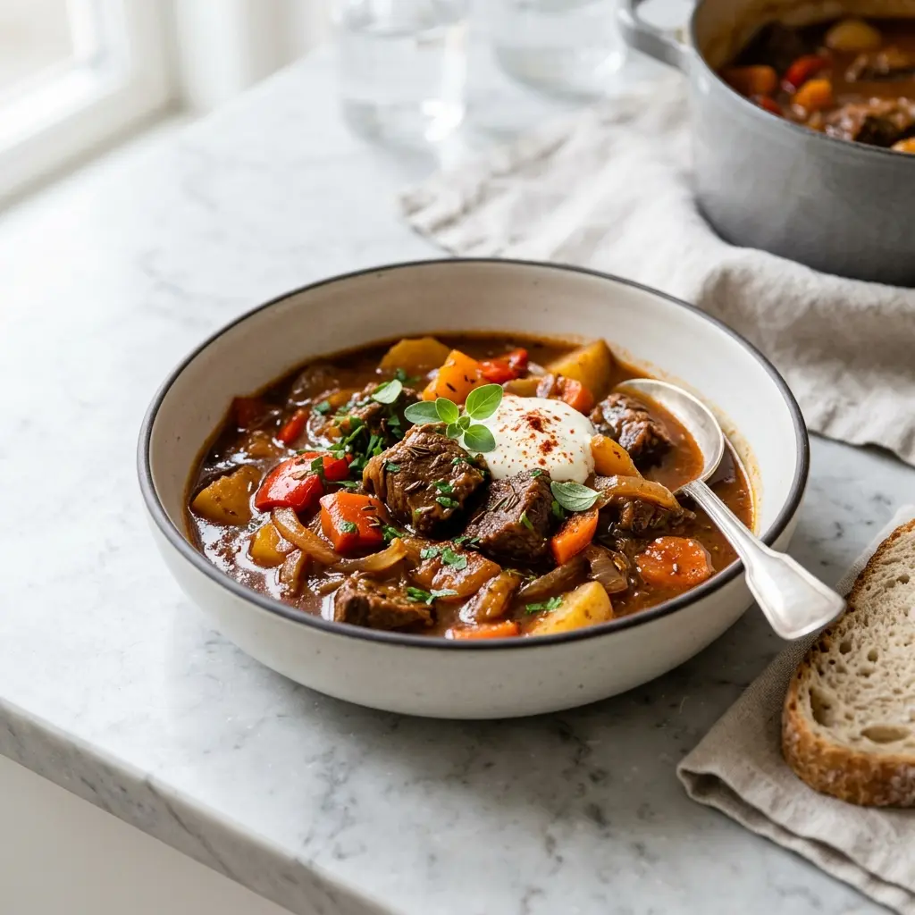 Nylaget gulasj servert på en appetittlig og hjemmelaget måte