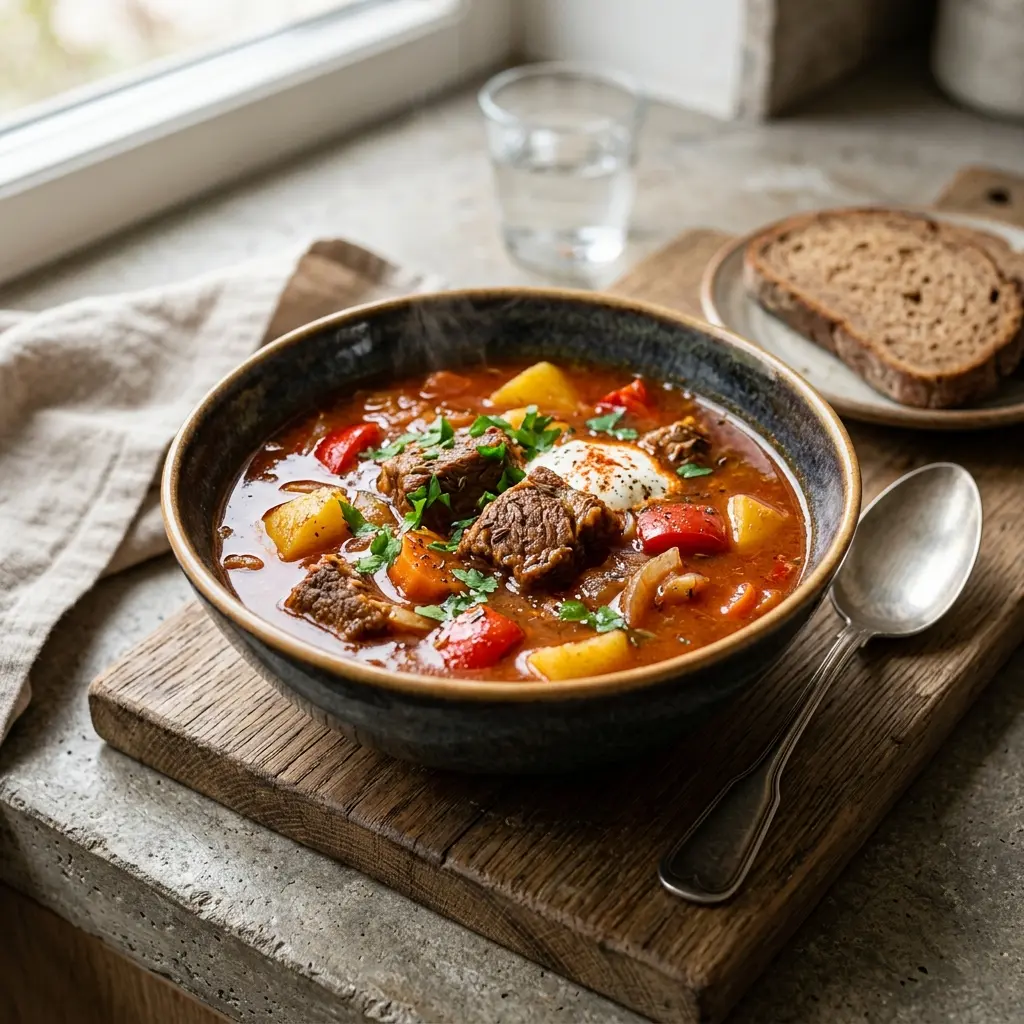 En varm porsjon gulasjsuppe servert på en innbydende måte