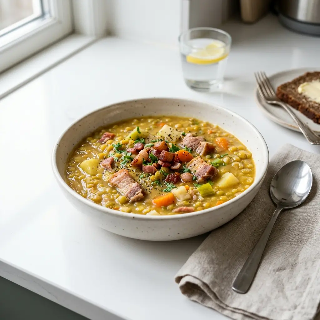 Nylaget gule erter med flesk servert på en appetittlig og hjemmelaget måte