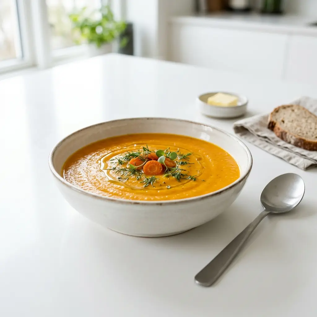 En varm porsjon gulrotsuppe servert på en innbydende måte