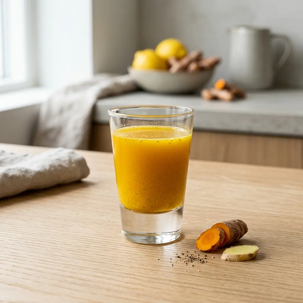 Nylaget gurkemeieshot servert på en appetittlig og hjemmelaget måte