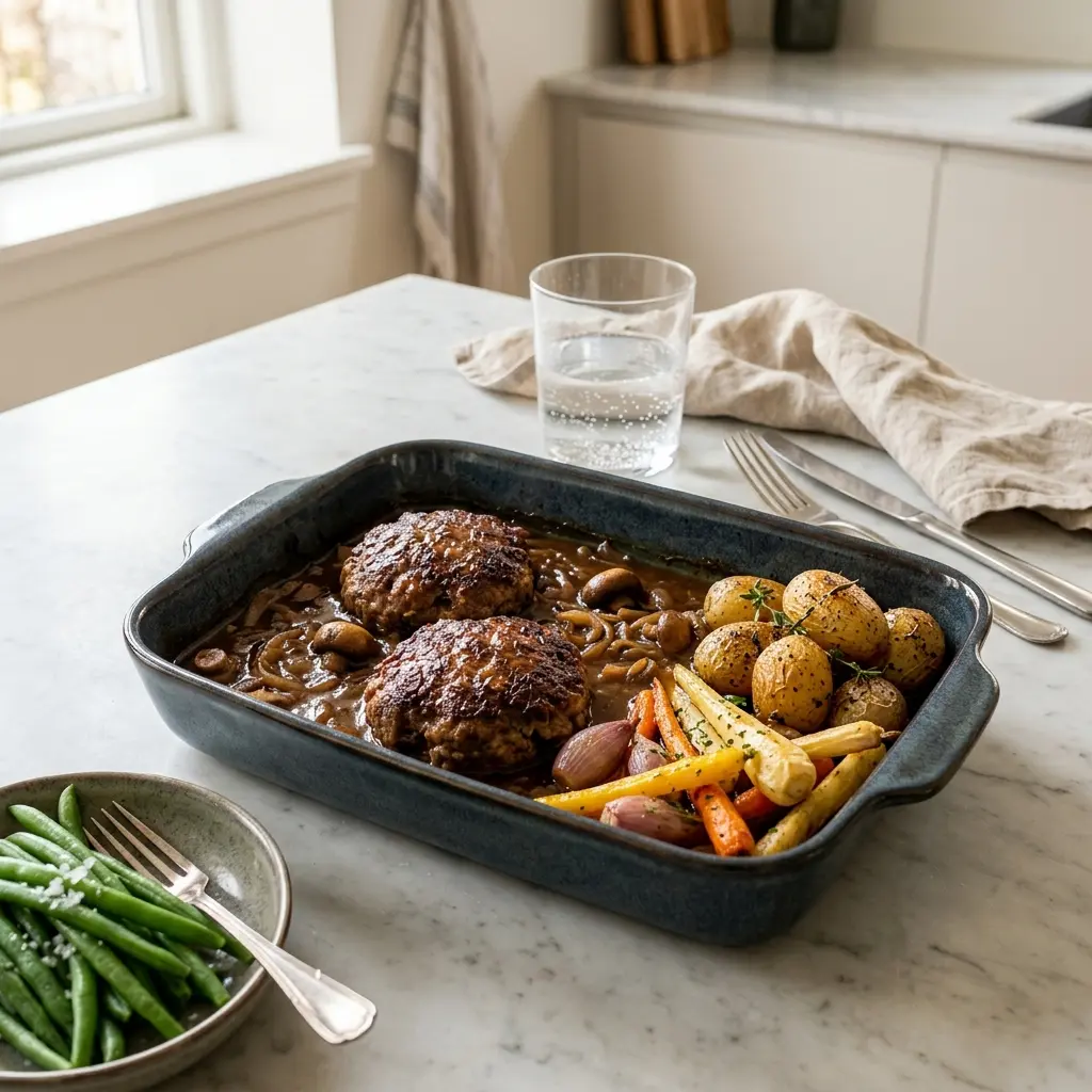 Nylaget hakkebiff i ovn servert på en appetittlig og hjemmelaget måte
