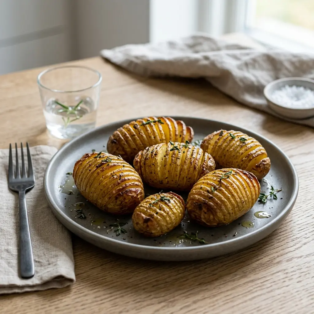 Nylaget hasselbackpoteter i ovn servert på en appetittlig og hjemmelaget måte