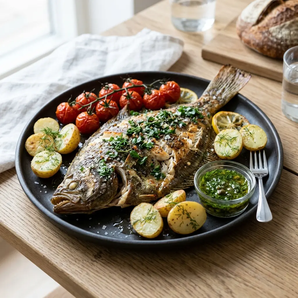 Nylaget hel rødspette i ovn servert på en appetittlig og hjemmelaget måte
