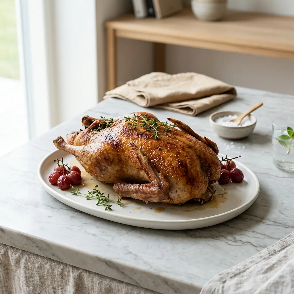 Nylaget helstekt and i ovn servert på en appetittlig og hjemmelaget måte
