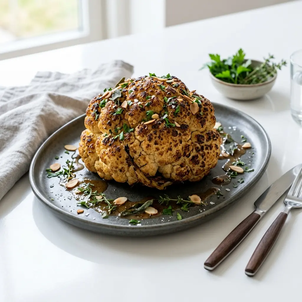 Nylaget helstekt blomkål servert på en appetittlig og hjemmelaget måte