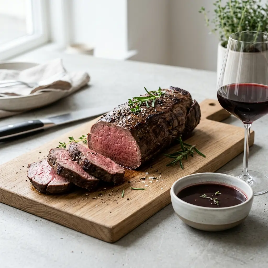 Nylaget helstekt oksemørbrad servert på en appetittlig og hjemmelaget måte