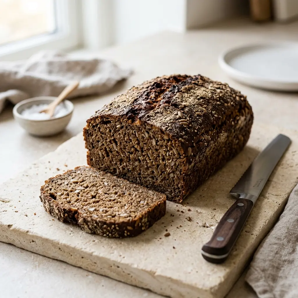 Nybakt hjemmebakt rugbrød servert og klar til å nytes