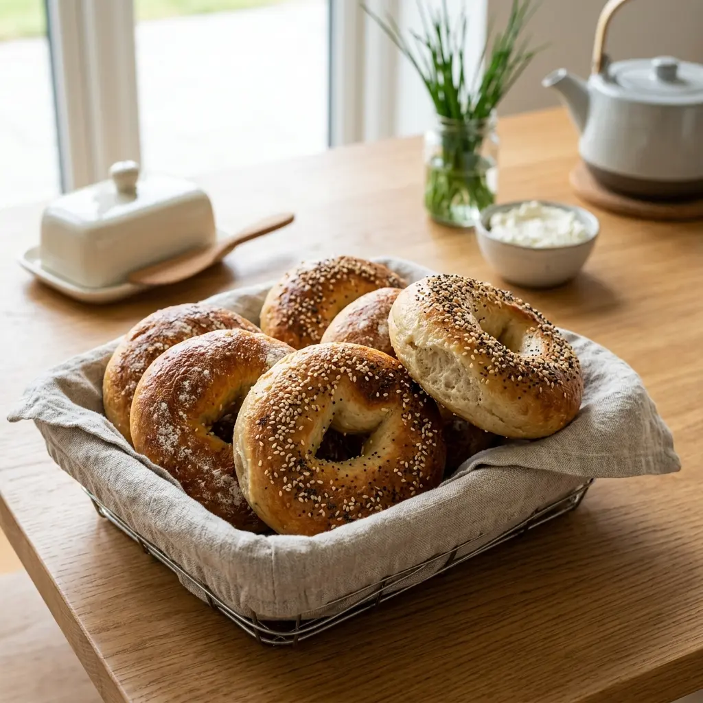 Nylaget hjemmebakte bagels servert på en appetittlig og hjemmelaget måte