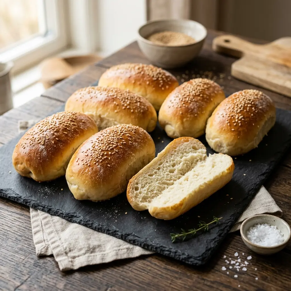 Nybakt hjemmebakte pølsebrød servert og klar til å nytes