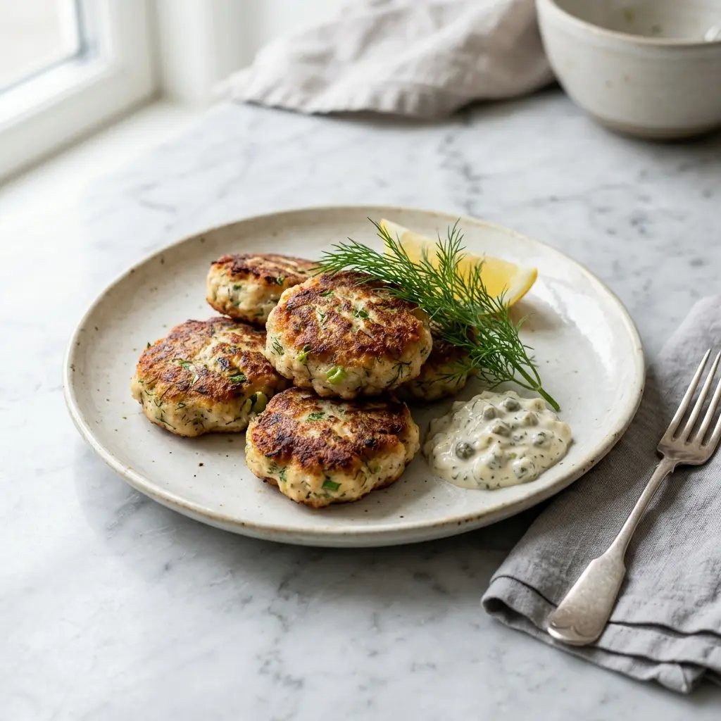 Hjemmelagde fiskefrikadeller servert ferdig som hjemmelaget rett