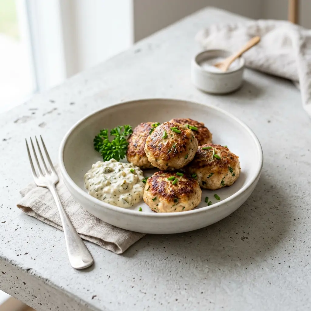 Nylaget hjemmelagde kyllingfrikadeller servert på en appetittlig og hjemmelaget måte
