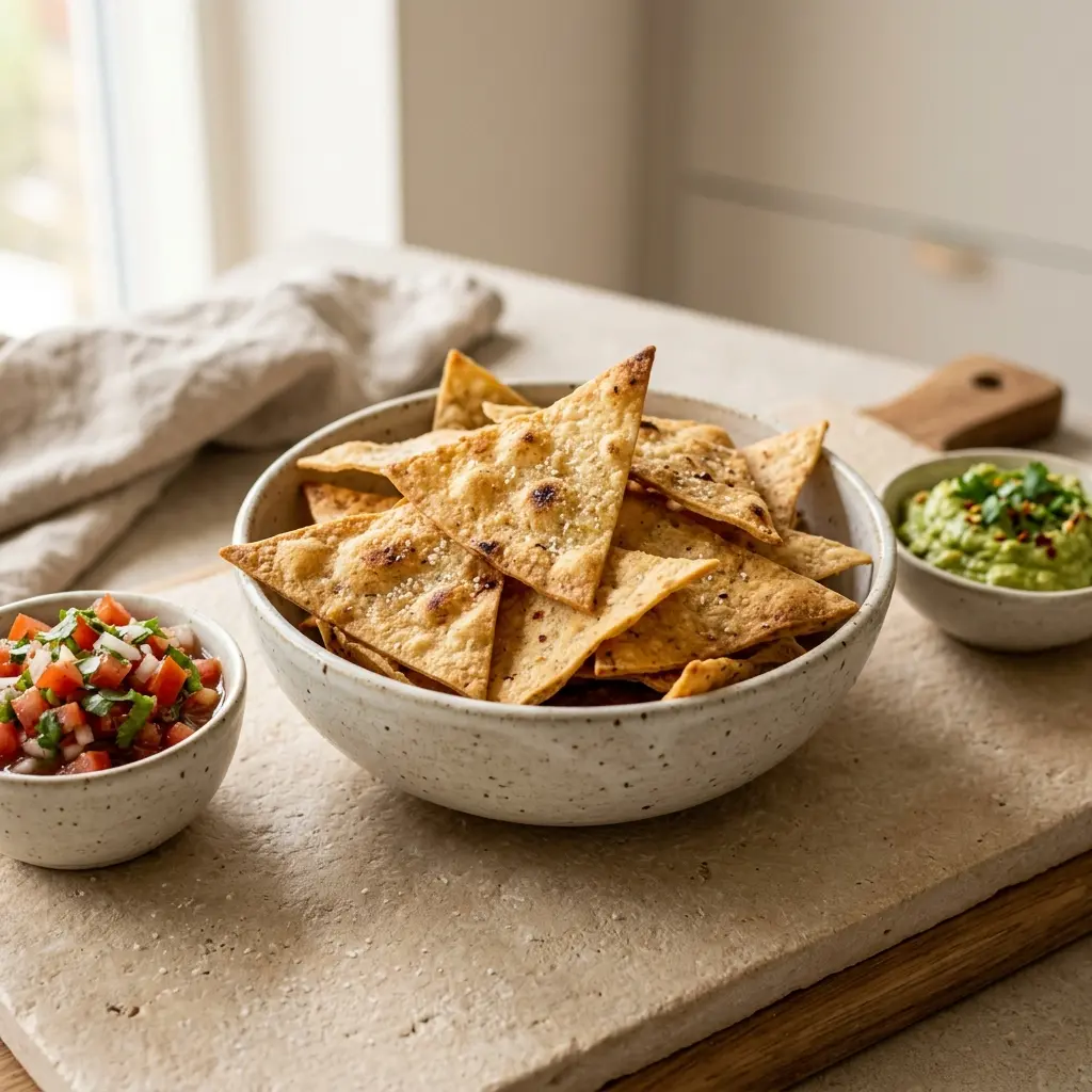 Nylaget hjemmelagde tortillachips servert på en appetittlig og hjemmelaget måte