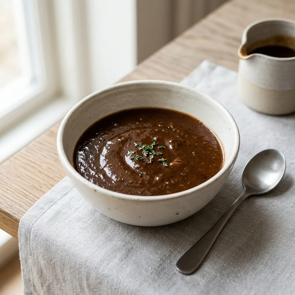 En skål med hjemmelaget andesaus klar til servering som smakfullt tilbehør