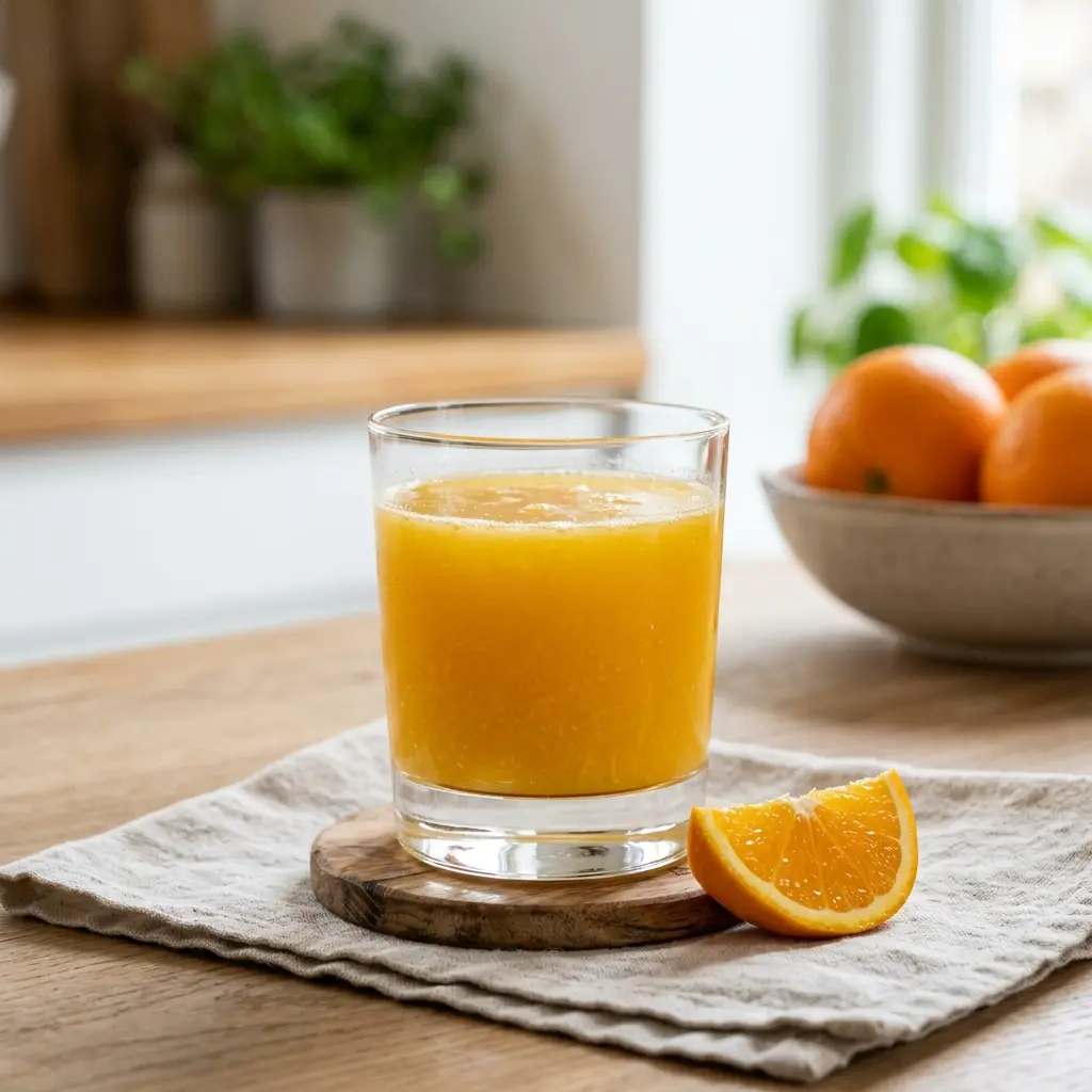 Et glass hjemmelaget appelsinjuice servert kaldt og friskt med enkel pynt