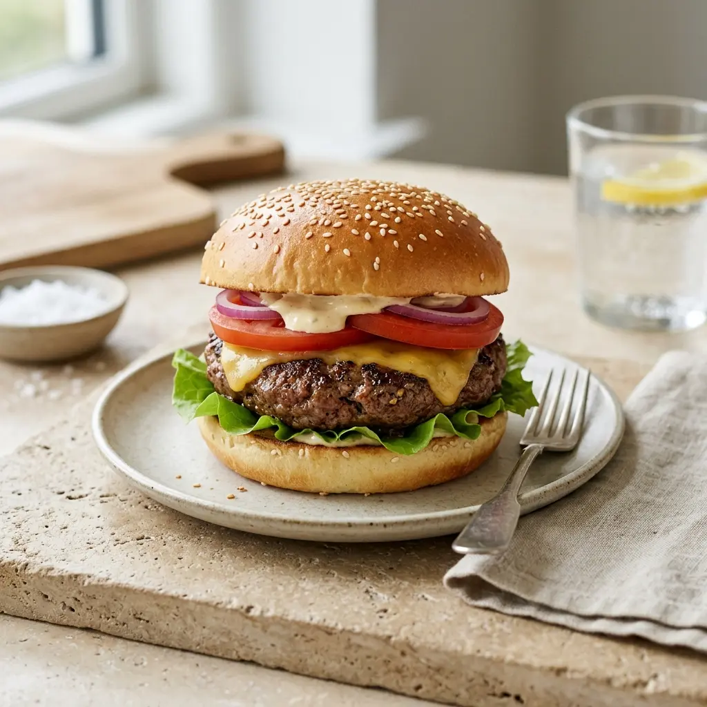 Nylaget hjemmelaget burger servert på en appetittlig og hjemmelaget måte