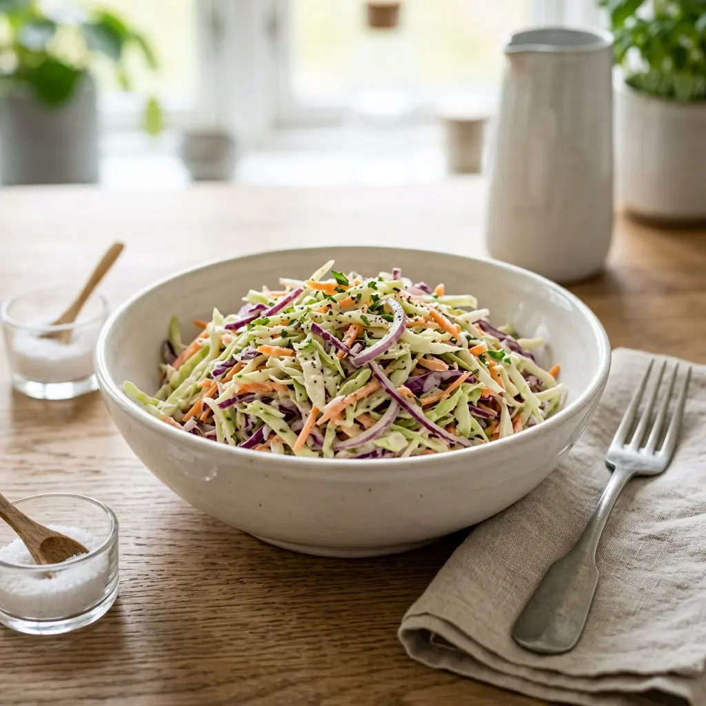 En frisk porsjon hjemmelaget coleslaw med ferske råvarer og fin servering