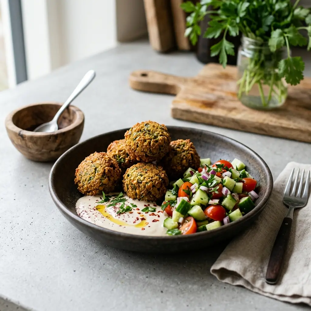 Nylaget hjemmelaget falafel servert på en appetittlig og hjemmelaget måte