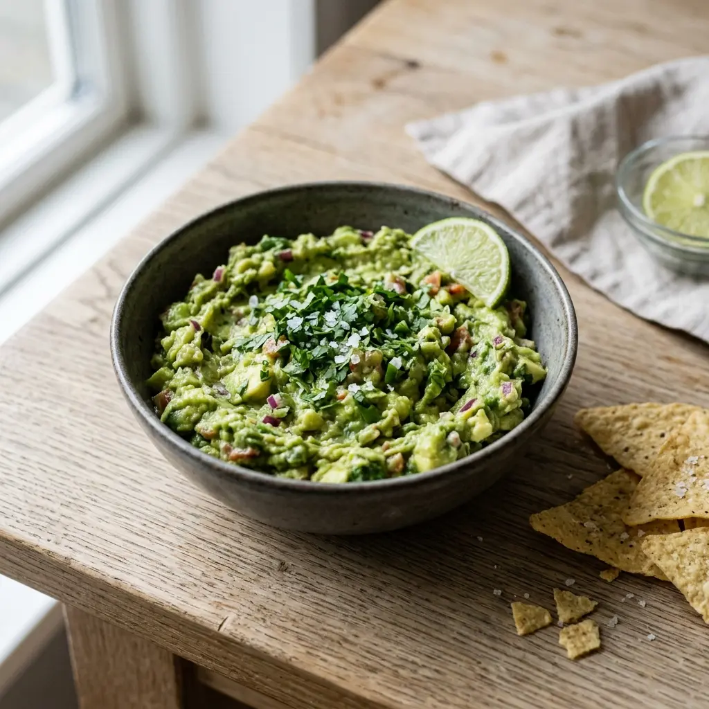 Nylaget hjemmelaget guacamole servert på en appetittlig og hjemmelaget måte