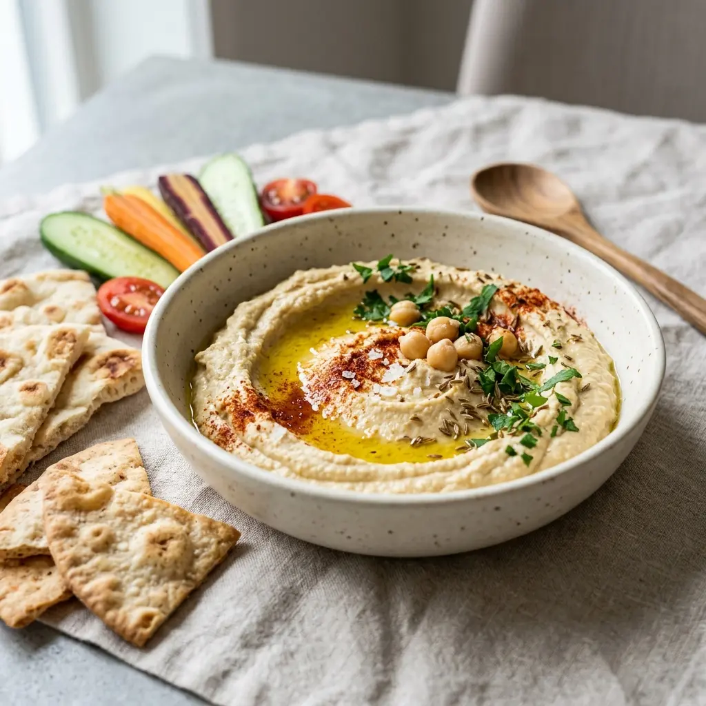 Nylaget hjemmelaget hummus servert på en appetittlig og hjemmelaget måte