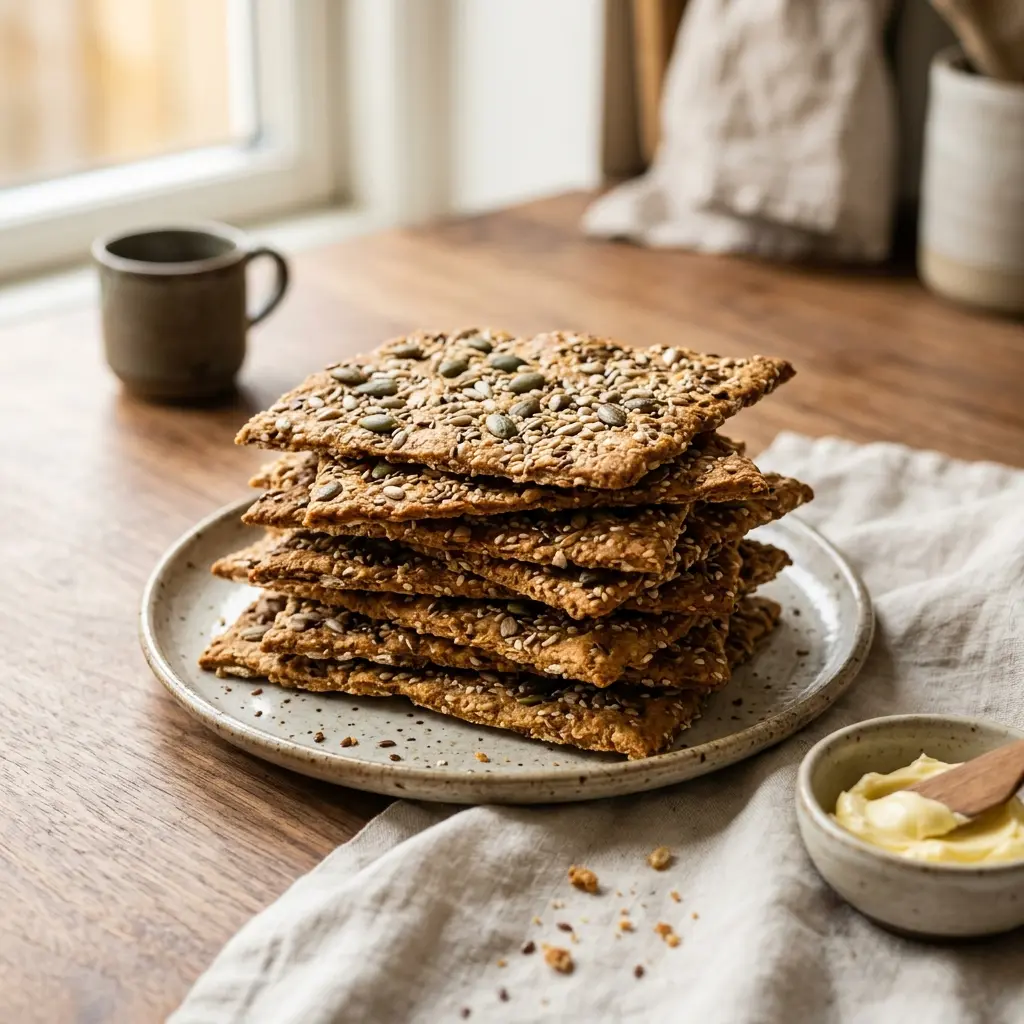 Nybakt hjemmelaget knekkebrød servert og klar til å nytes
