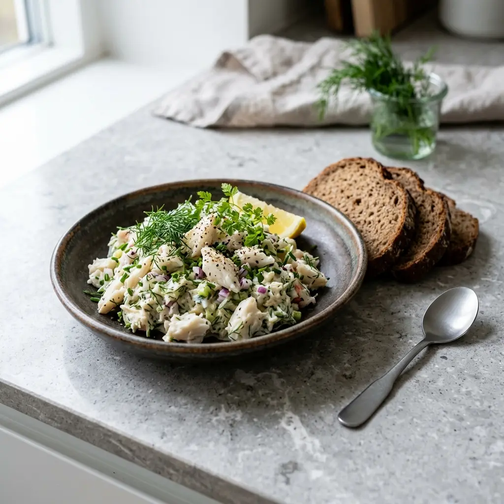 En frisk porsjon hjemmelaget krabbesalat med ferske råvarer og fin servering