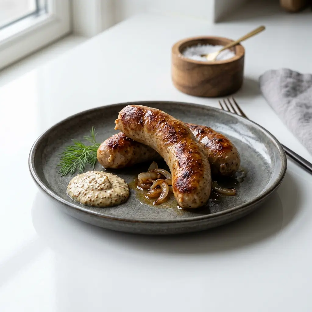 Hjemmelaget medisterpølse servert ferdig som hjemmelaget rett
