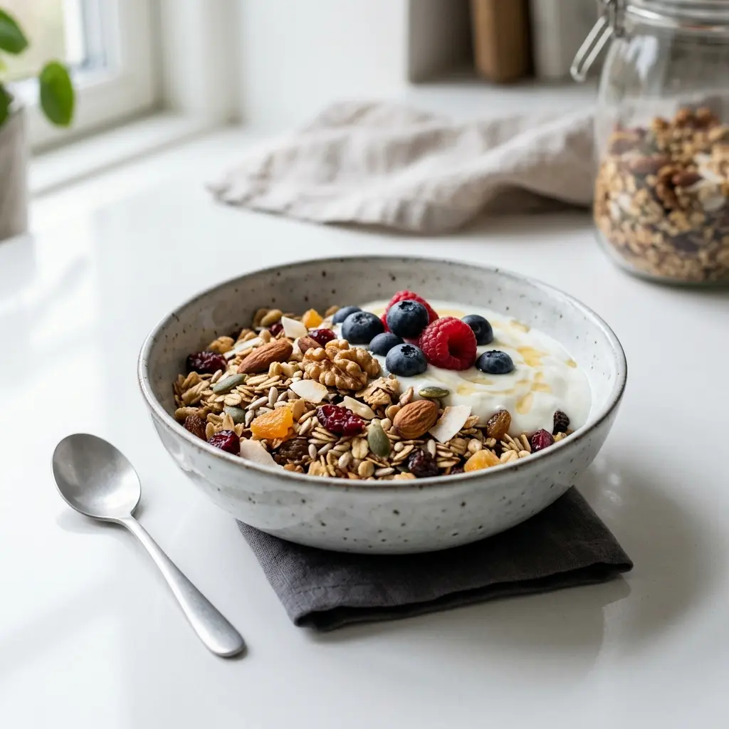 Nylaget hjemmelaget müsli servert på en appetittlig og hjemmelaget måte