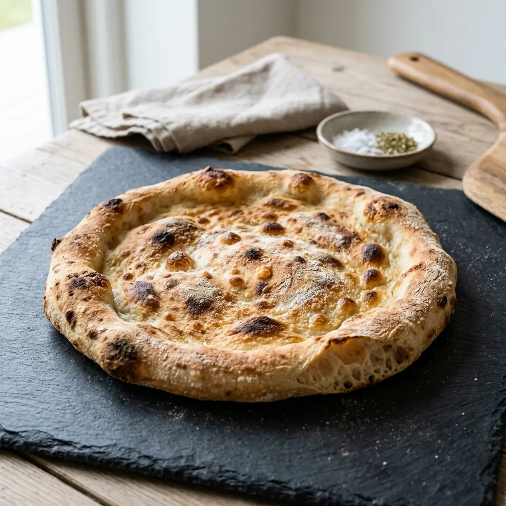 Nylaget hjemmelaget pizzadeig servert på en appetittlig og hjemmelaget måte