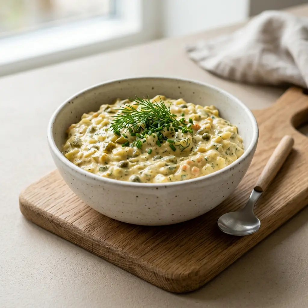 Nylaget hjemmelaget remulade servert på en appetittlig og hjemmelaget måte