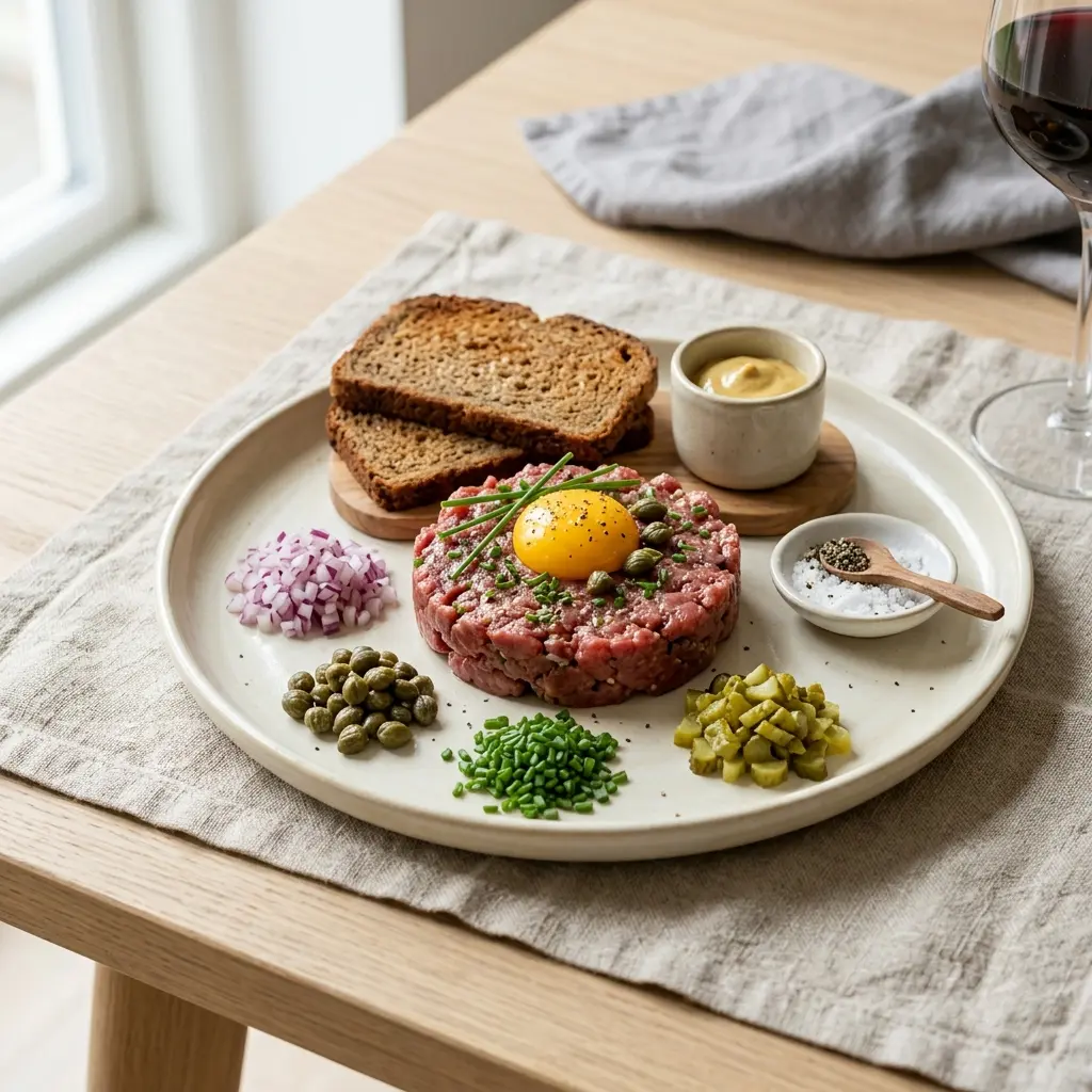 Nylaget hjemmelaget tartar servert på en appetittlig og hjemmelaget måte