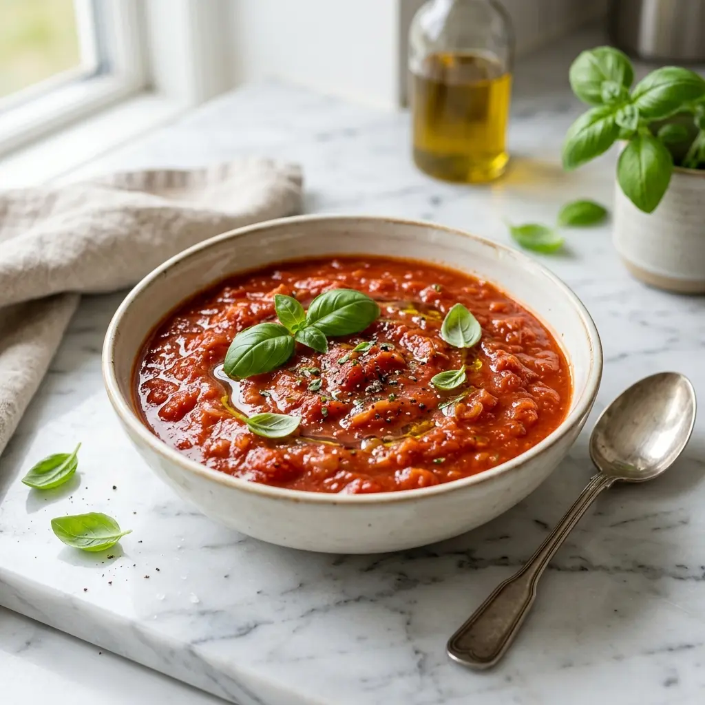 En skål med hjemmelaget tomatsaus klar til servering som smakfullt tilbehør
