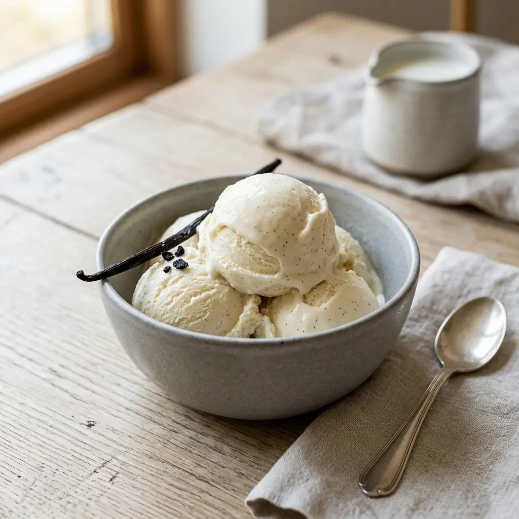 Hjemmelaget hjemmelaget vaniljeis servert som en søt og innbydende dessert