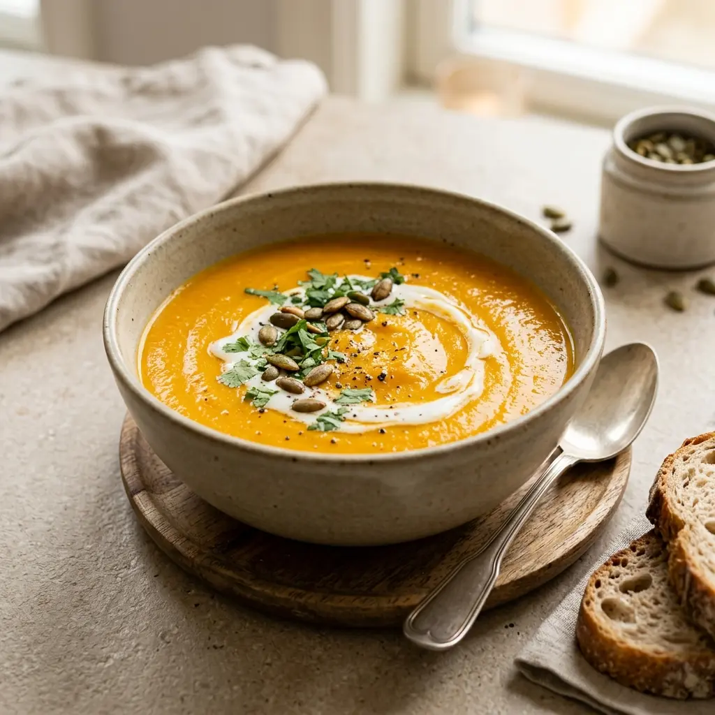 Hokkaidosuppe med kokosmelk servert varm i skål