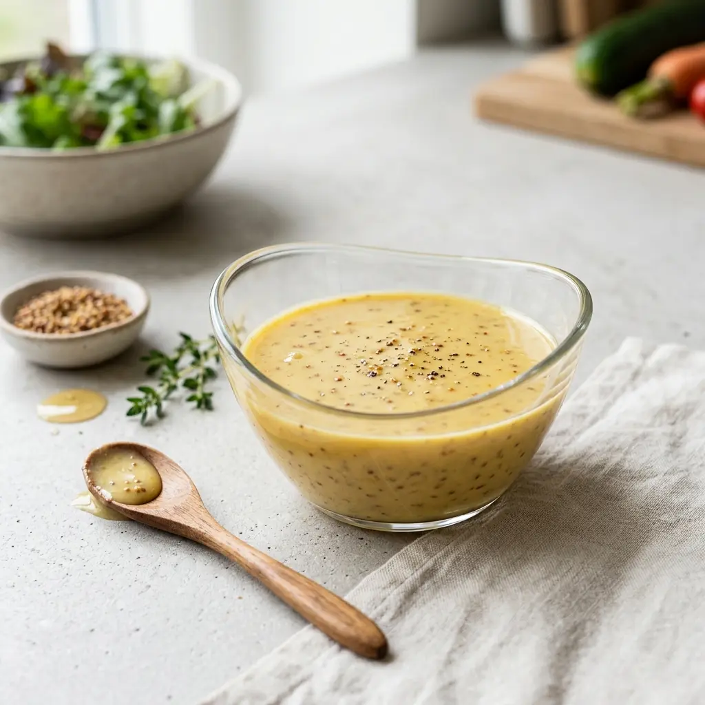 En skål med honning-sennepsdressing klar til servering som smakfullt tilbehør