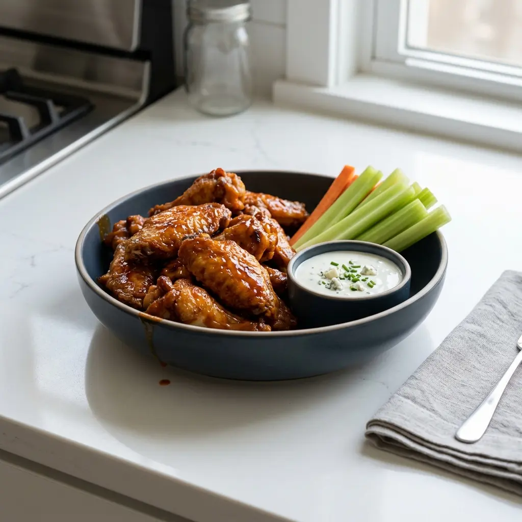 Nylaget hot wings servert på en appetittlig og hjemmelaget måte