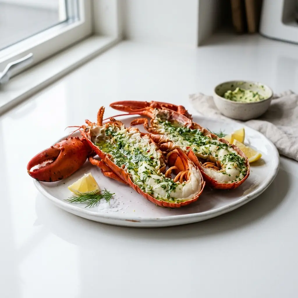 Nylaget hummer med kryddersmør servert på en appetittlig og hjemmelaget måte