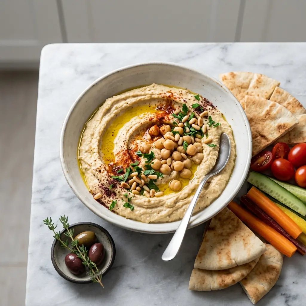 Nylaget hummus servert på en appetittlig og hjemmelaget måte