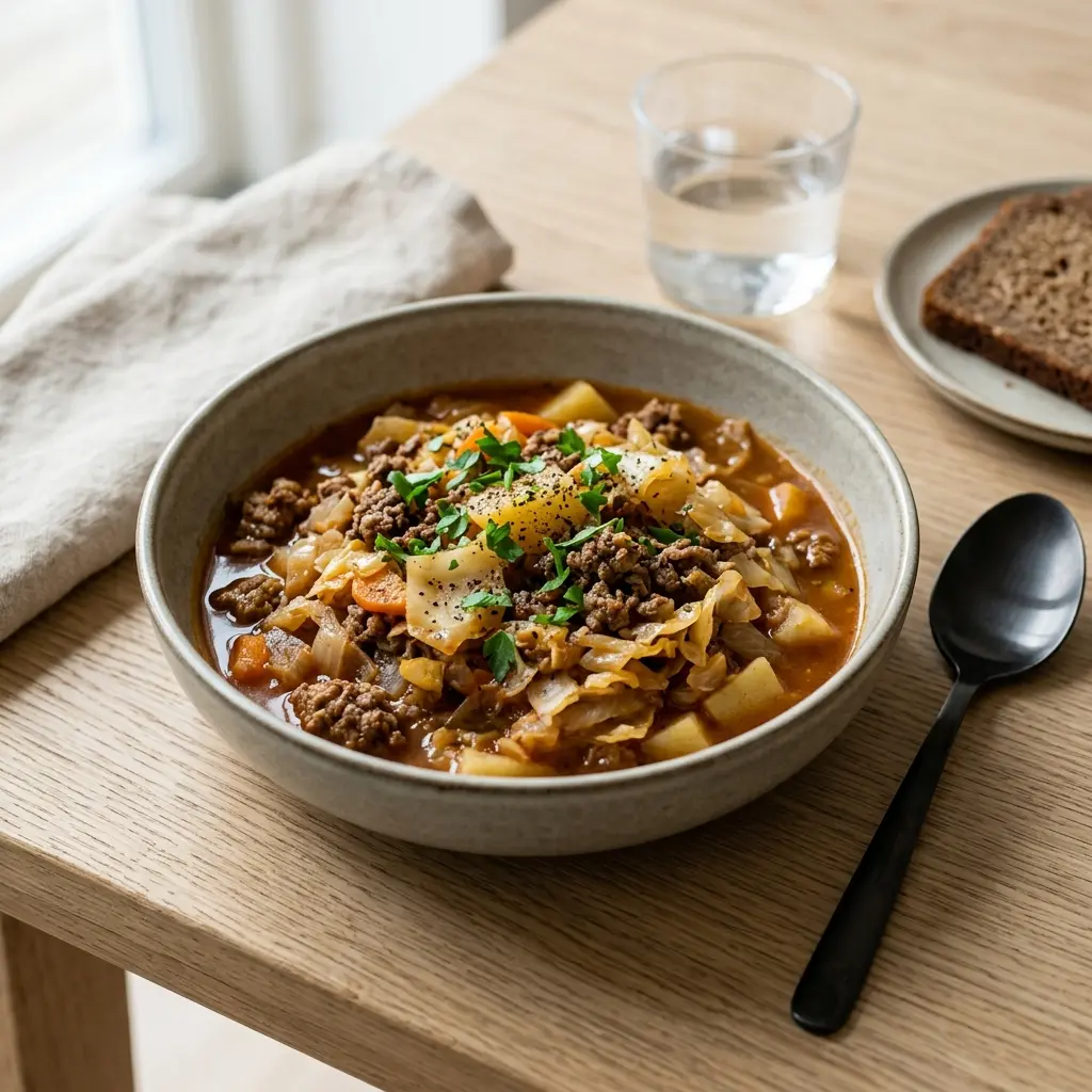 Nylaget hvitkålgryte med storfekjøtt servert på en appetittlig og hjemmelaget måte