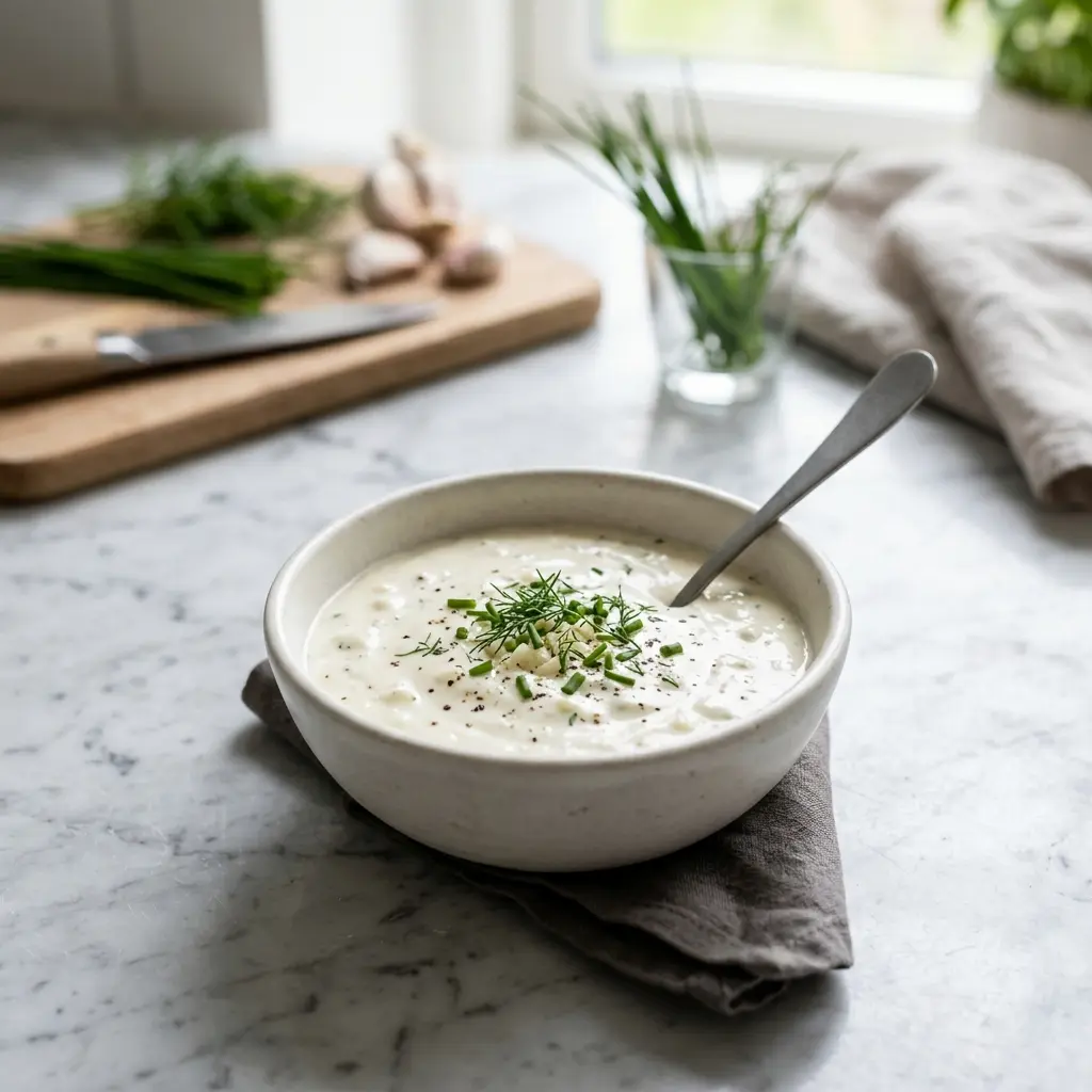 En skål med hvitløksdressing klar til servering som smakfullt tilbehør