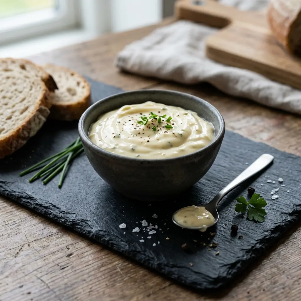En skål med hvitløksmajones klar til servering som smakfullt tilbehør