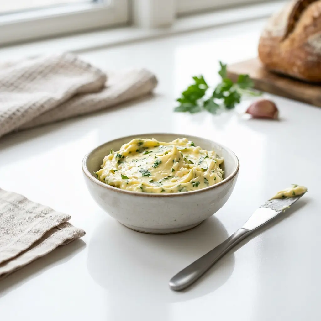 Nylaget hvitløkssmør servert på en appetittlig og hjemmelaget måte