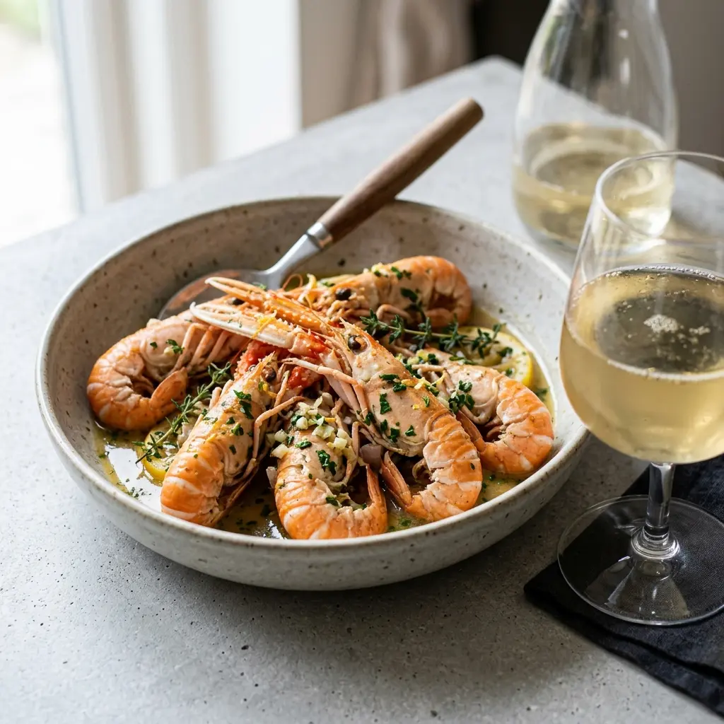 Nylaget hvitvinsdampede sjøkreps servert på en appetittlig og hjemmelaget måte