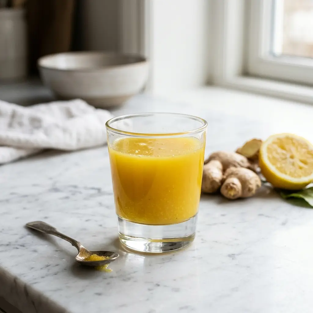 Nylaget ingefærshot servert på en appetittlig og hjemmelaget måte