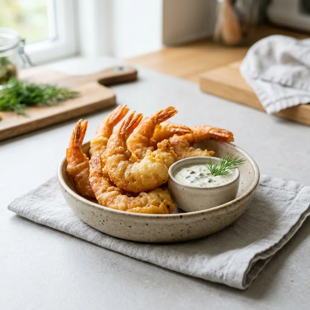 Nylaget innbakte reker servert på en appetittlig og hjemmelaget måte