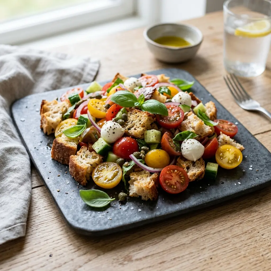 Nybakt italiensk brødsalat servert og klar til å nytes