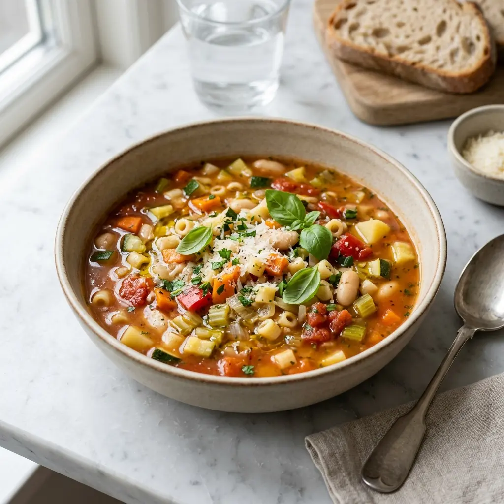 En varm porsjon italiensk grønnsakssuppe servert på en innbydende måte