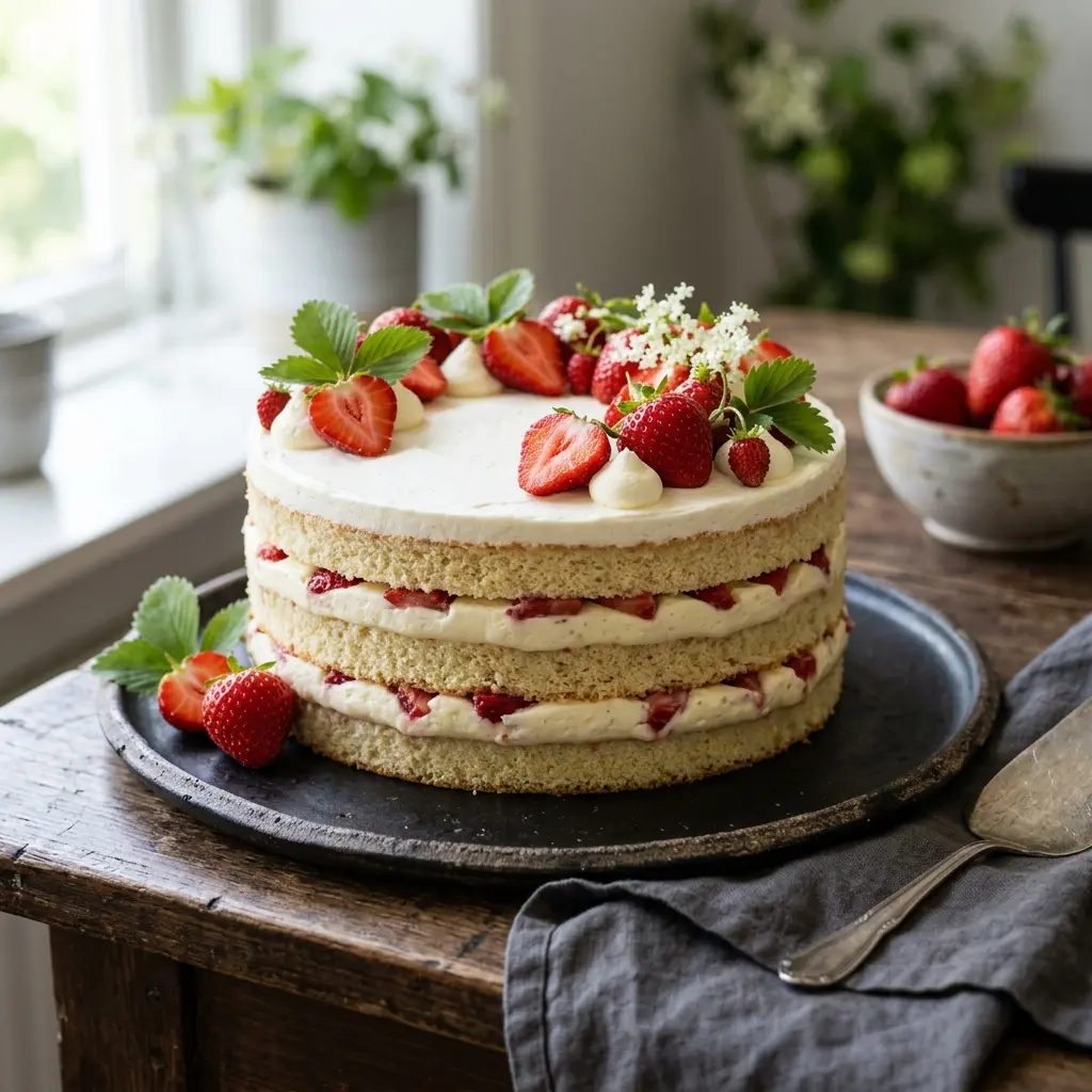 Hjemmelaget jordbærbløtkake servert som en søt og innbydende dessert