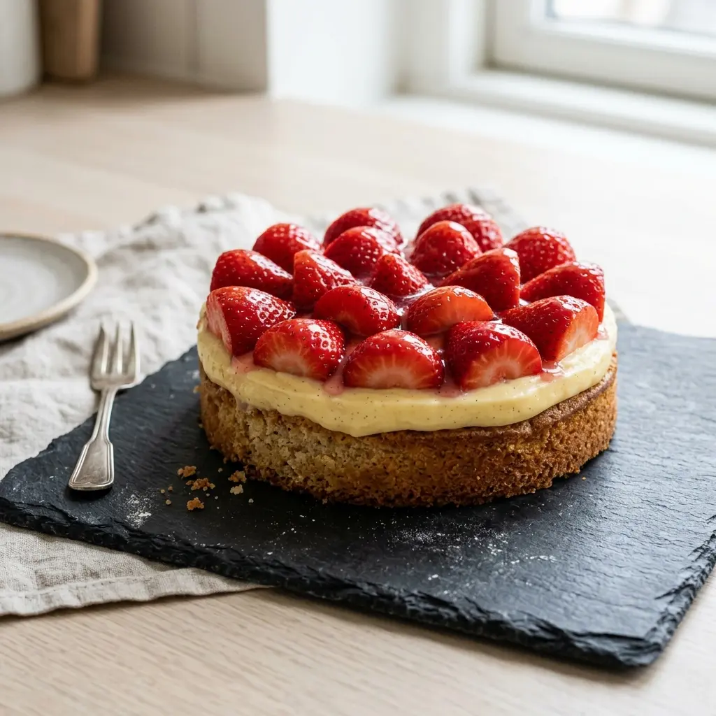 Hjemmelaget jordbærkake servert som en søt og innbydende dessert